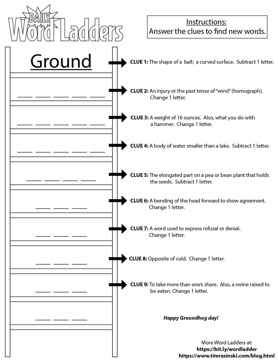 TimRasinski1's tweet photo. Word Ladder Wednesday!    Happy Ground Hog Day!  
I like to think of Word Ladders as a kind of WORDLE for students, but even better as they focus students’ attention on word meanings as well as word structure.
@ILAToday @ascd  @DyslexiaIDA @reading_league @CECMembership https://t.co/TpwtGpzhAv
