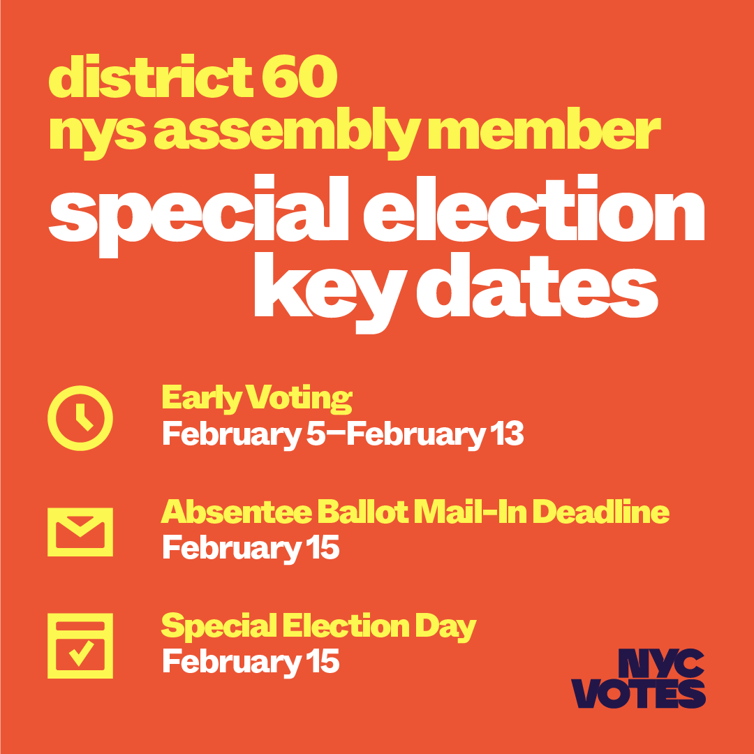 Voters of East NY + Starrett City in BK: there is a special election for NYS Assembly on Feb 15! Early voting is from Feb 5 - 13.  

👉Absentee Ballot Mail-in Deadline is Feburary 15

👉Spread the word! <a href="/NYCCEC/">NYC Civic Engagement Commission</a> will be providing Russian interpretation on Feb 15 at P.S. 346