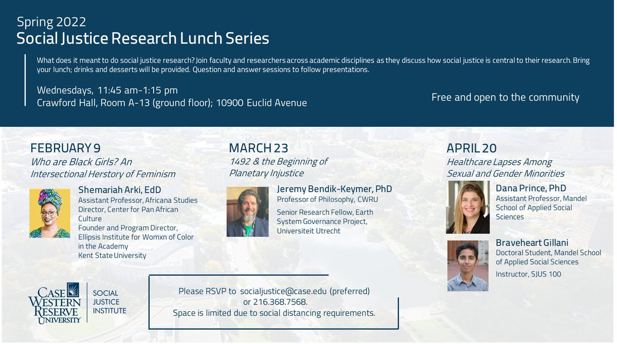 Announcing our spring Social Justice Research Lunch Series! <a href="/BlackCommaFem/">Dr. Shemariah J. Arki (she/they)</a> on 2/9; Dr. Jeremy Bendik-Keymer on 3/23; and <a href="/Dr_DanaPrince/">Dana Prince</a> &amp; <a href="/BraveheartGill1/">Braveheart Gillani</a> on 4/20!
Check out our latest newsletter for more info! mailchi.mp/case/research-…