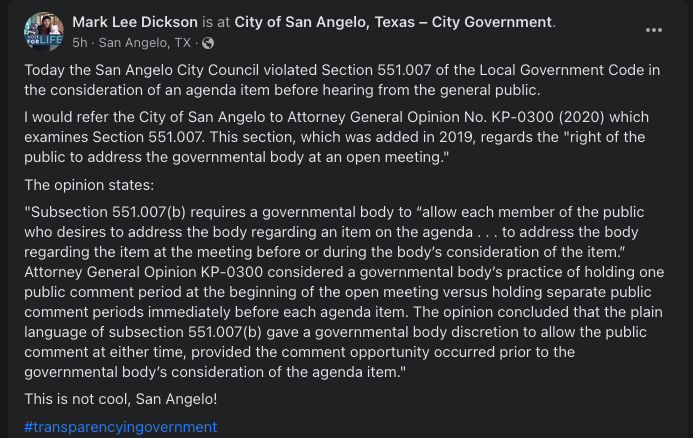 RobbyMontoya's tweet photo. Allegation from @MarkLeeDickson that @SanAngeloTexas denied citizens the right to address local officials. #LocalTyranny? https://t.co/7yR8K6Jh9N