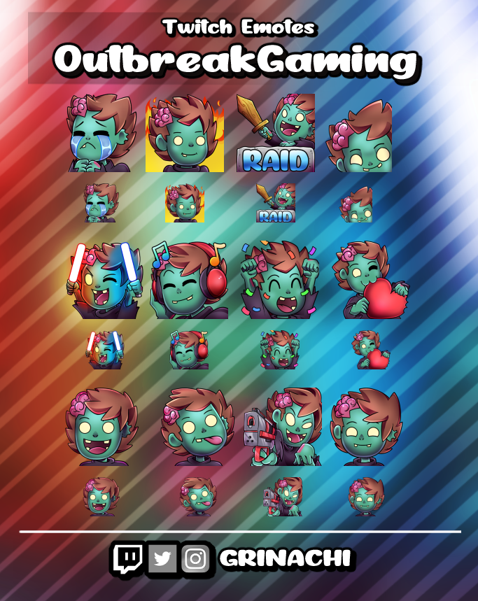OutbreakGaming's tweet photo. Also, while I'm shouting out awesome artists who create amazing stuff for us, a big thank you to @GRINACHI for our recent emote expansion! Go check him out! He makes fantastic Twitch emotes and he's a awesome guy in general! (Sorry I didn't tweet sooner, I'm terrible at twitter.) https://t.co/SQvTlegy0U