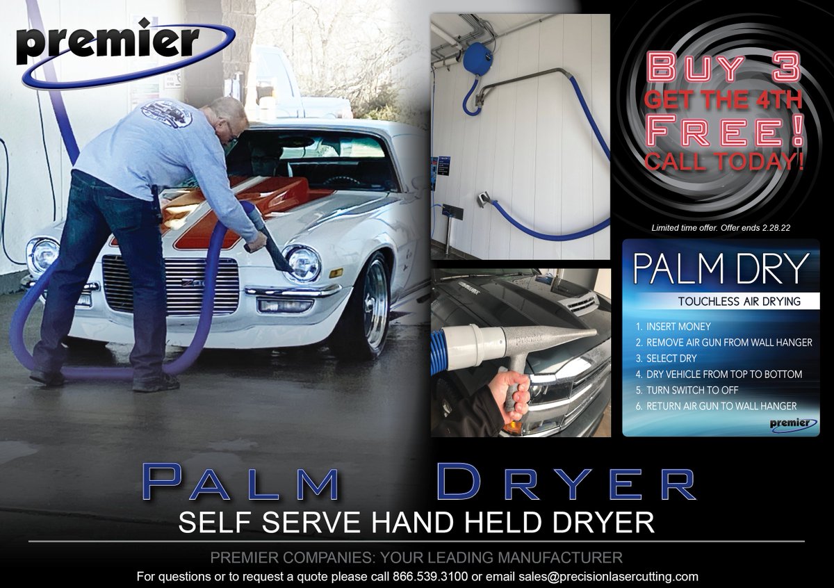 Outfit your self-serve bays with hand held dryers to create an individualized drying experience. 
NOW for the month of February buy 3 Palm Drys and get the 4th Palm Dry FREE!!
#carwash #carwashvacuum #carwashequipment #selfservecarwash