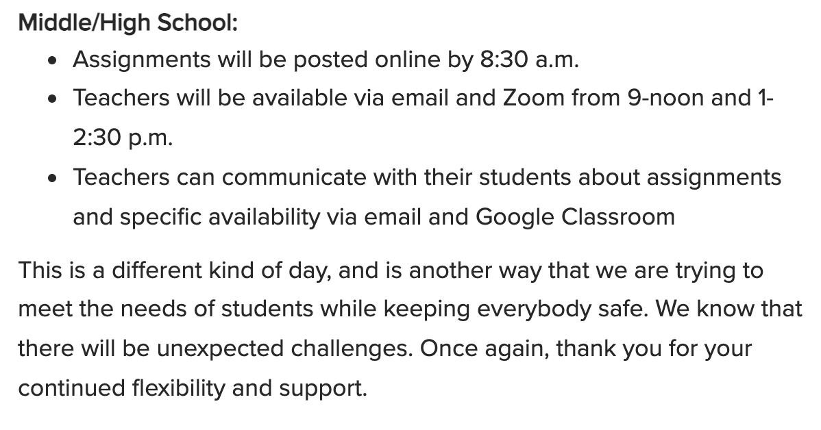 With the impending winter weather forecasted for later this week, NCS will have an at-home learning day for Thurs., Feb. 3. We wanted to give families ample time to make arrangements for their children. No final decision has been made regarding Friday.
