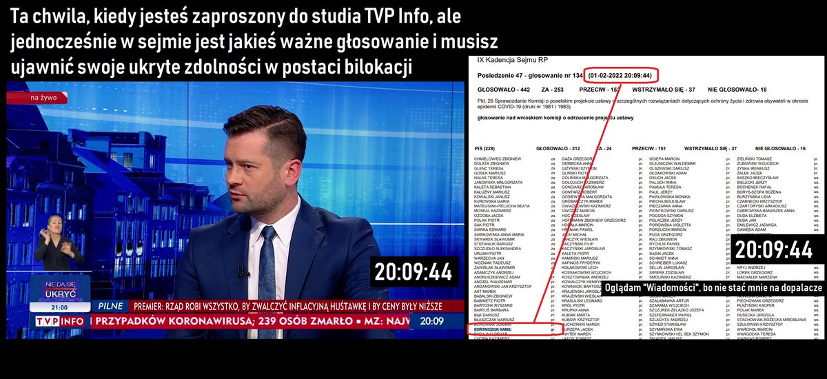 OgladamW's tweet image. Kamil Bortniczuk, będąc w studiu Pani Danusi ❤ między 19:59 a 20:13, nie odrywał od Niej wzroku, a jednocześnie o godzinie 20:09:44 głosował w sprawie ustawy covidowej.