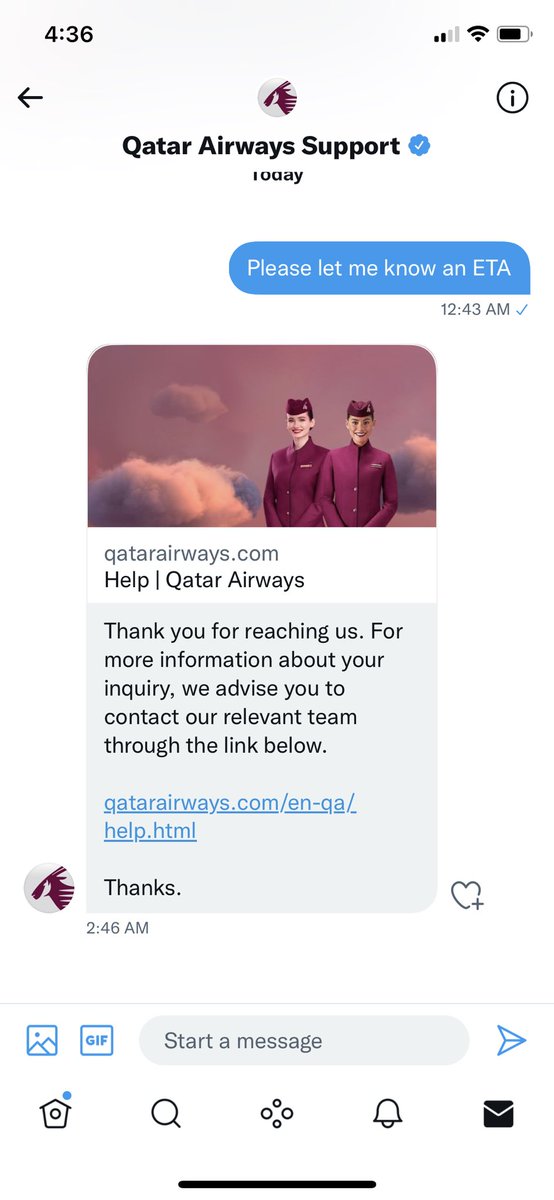 pmsuneer's tweet photo. Omg !! Another rotten standard of service from @qatarairways. After @qrsupport promising to get back to me asap, I asked for an ETA, and was redirected to online help&amp;support link, to repeat this ordeal all over again !! I would question credibility of @skytrax_uk awards. Worst https://t.co/j8AhkHCW0V