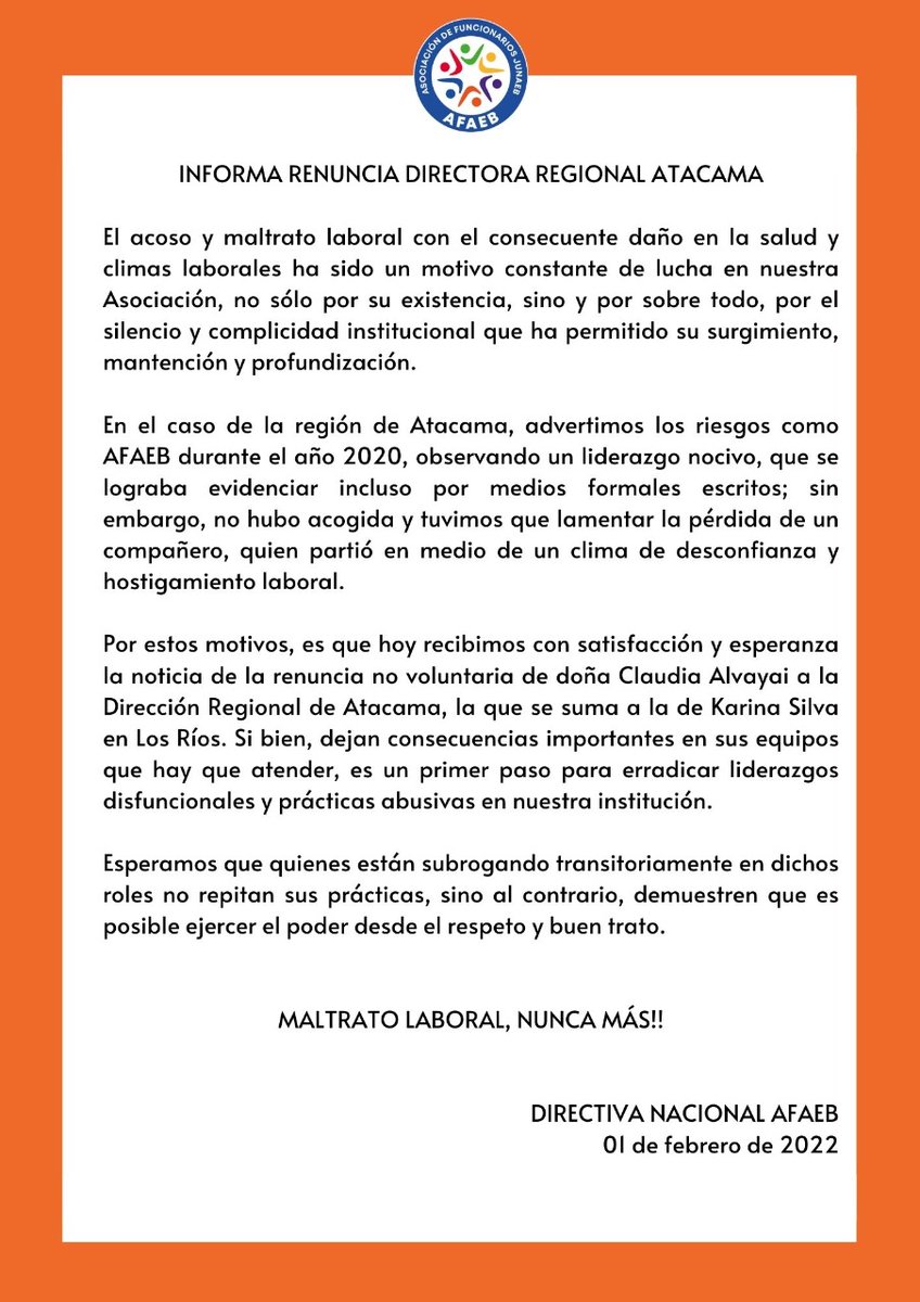Con satisfacción compartimos la noticia de la renuncia de la Directora Regional de <a href="/JunaebAtacama/">Junaeb Región de Atacama</a> Claudia Alvayai👏

Con su salida esperamos se erradique el acoso y maltrato laboral en la región.

Un abrazo a todxs lxs q nos acompañaron en esta lucha!💪
#BastaDeAcoso
#FueraTohá