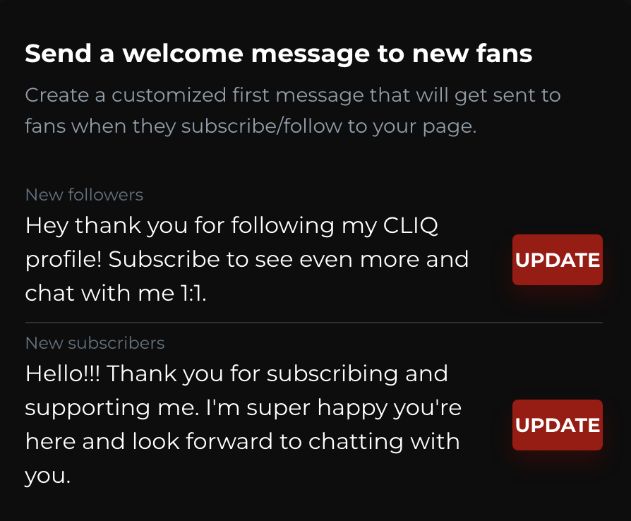 cliqfans's tweet photo. Our goal is to build the best platform for creators to make money engaging with their fans. That's why we just launched auto-welcome messages for your fans. Set it up today by going to your Profile section in your Creator Dashboard. See an example below! https://t.co/oUua0VuceM