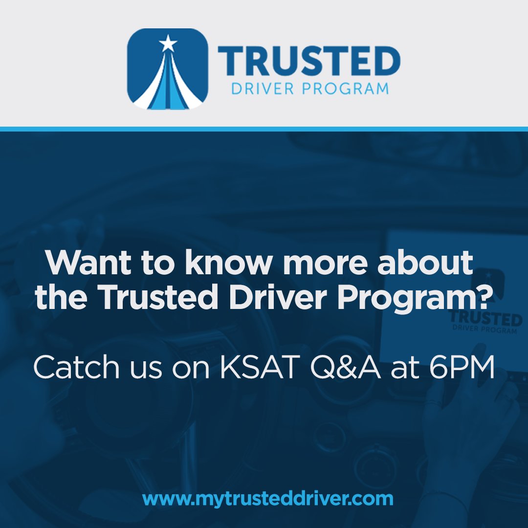TrustedDriver's tweet photo. Trusted Driver is transforming traffic stops in the Greater #SanAntonio area by helping you avoid traffic stops and courtroom visits for minor violations.
Join us tonight during @ksatnews 6pm newscast to learn more about #TrustedDriver.
https://t.co/q4Vd4g7lqZ https://t.co/75lR9k0cmb
