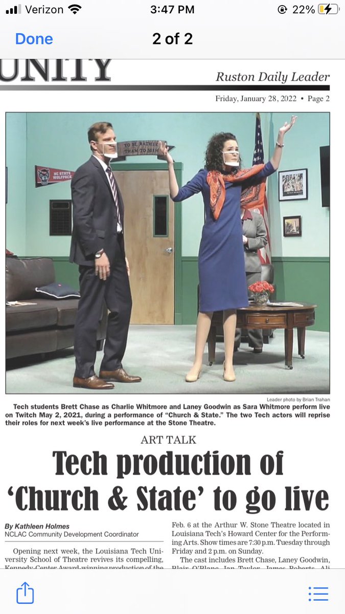It’s the night of the show! Thanks to the Daily Leader and <a href="/NCLAC5/">NCLAC</a> for this spotlight on Church and State- running tonight through Saturday at 7:30 PM and Sunday at 2PM in Tech’s Stone Theatre! 
•
louisianatechtheatre.com/tickets