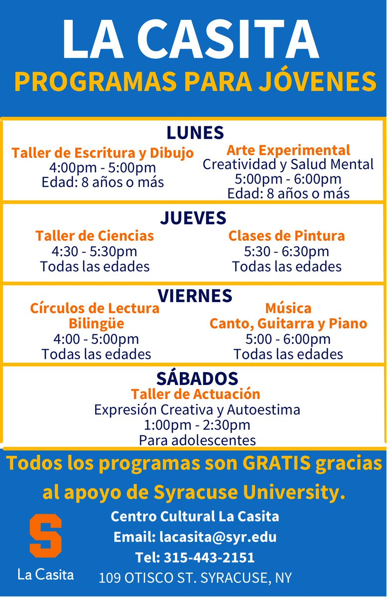 La Casita has restarted weekly Youth Programs for the Spring 2022 semester! 
Programs begin Thursday!

To register please contact La Casita!
Email: lacasita@syr.edu
Tel: 315-443-2151
109 Otisco St. Syracuse NY
