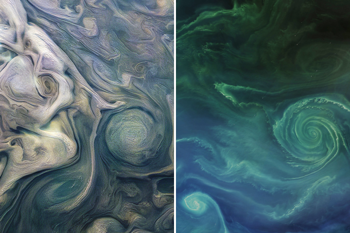NASAEarth's tweet image. Compared to Earth, #Jupiter is about 11 times larger in circumference, 5 times farther from the Sun, and 4 times colder. But look at these vortices from both planets, and you might just struggle to tell which image goes with which planet. go.nasa.gov/3L60fWe
