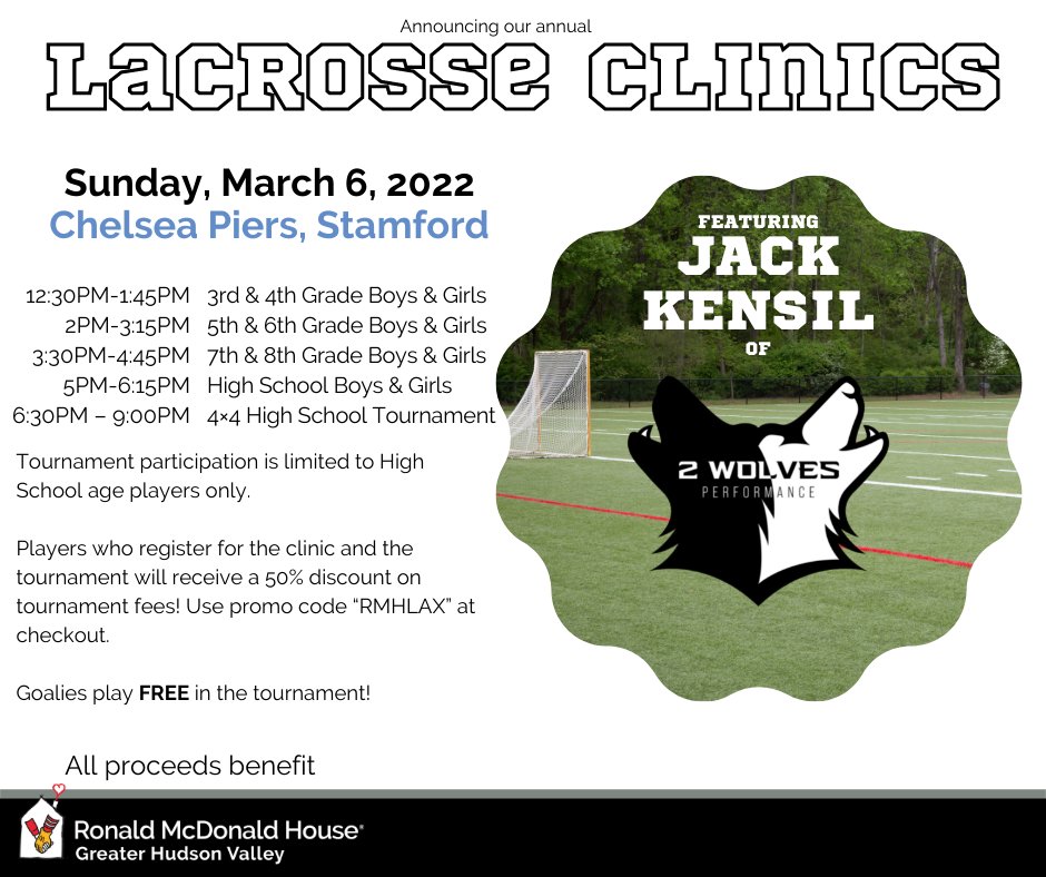 Registration for our annual lacrosse clinics is open! Come join us Sunday, March 6th, at <a href="/ChelseaPiersCT/">Chelsea Piers CT</a> in Stamford, for a day of expert coaching and fun with Coach Jack Kensil of 2 Wolves Performance.

Register Here: bit.ly/3g15s34
