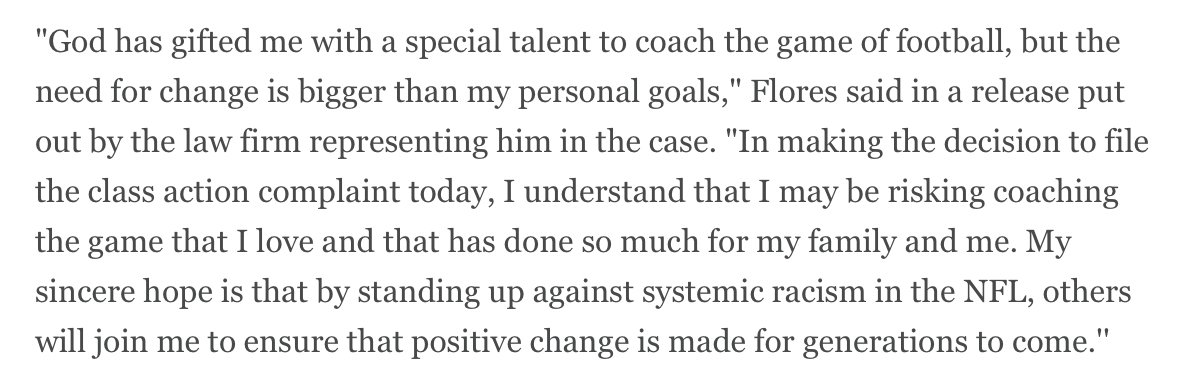 FieldYates's tweet photo. This quote from Brian Flores is powerful. 

He knows he's risking his coaching future with this lawsuit. 

This is about much more than just his own coaching future. https://t.co/A3xOsKmZ9m