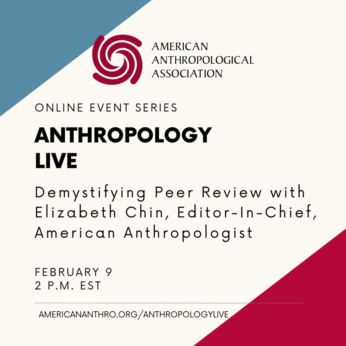 Join Elizabeth Chin (<a href="/LabSpecEth/">Lab of Spec still masking!</a>), editor of <a href="/AmAnthroJournal/">American Anthropologist</a> for an orientation, case study of the review/revision process, and live Q&amp;A on Feb.9. 
She'll also help first-time and novice authors  plan their next steps toward publication.
Register:  ow.ly/tNHf50HJPxv
