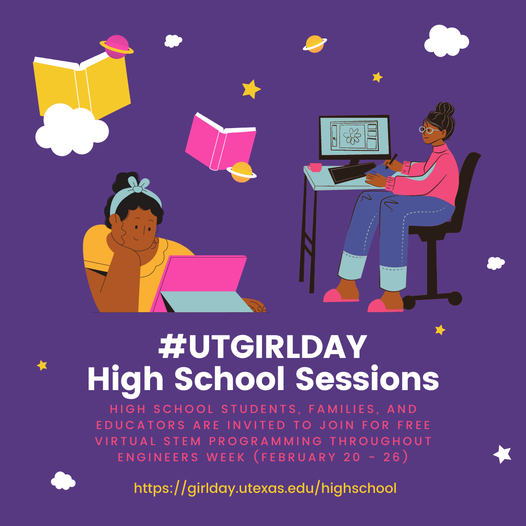 TexasSpaceGrant's tweet photo. Pls share & RT! High School Students! Want to connect with #STEMrolemodels and explore #STEMcareerpaths? Register for #UTGirlDay High School Sessions for FREE STEM fun the week of February 20-26 with @UTWiSTEM!! More info: https://t.co/ICoKRevO5d https://t.co/UtkzbLHqtm