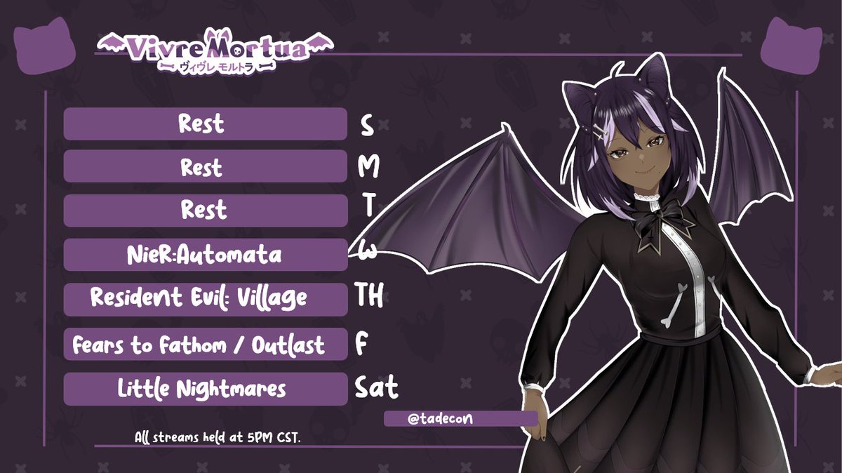 vivremortua's tweet photo. ◤Weekly Schedule &amp; Tags◢
✞ JAN 30  - FEB 5 

✦ LIVE: #VimorLIVE
✦ ART: #mortuART
Let's have fun trying out Little Nightmares this Saturday! I'm excited~! 🦇🕸️ https://t.co/5hmRju6UoA