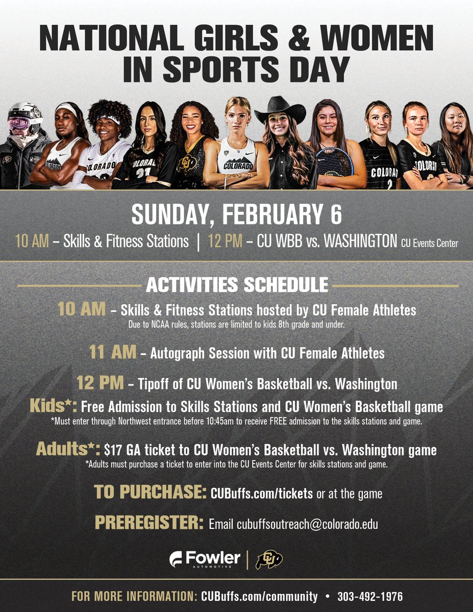 This Sunday (2/6), join us for National Girls and Women in Sports Day! <a href="/CUBuffsWBB/">Colorado Women's Basketball 🦬</a> faces off against UW, with stations hosted by CU Women's sports teams. Activities listed below, and start at 10:00am. To preregister for stations, follow this link: tinyurl.com/CUNGWSD26