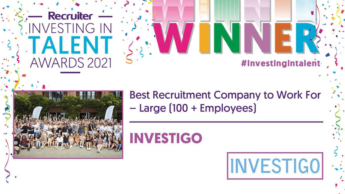 The final Best Recruitment Company to Work For #RITAwinner to announce is for Large (100+ Employees). Huge congrats to Investigo! <a href="/InvestigoLtd/">Investigo</a> #RITAs #investingintalent