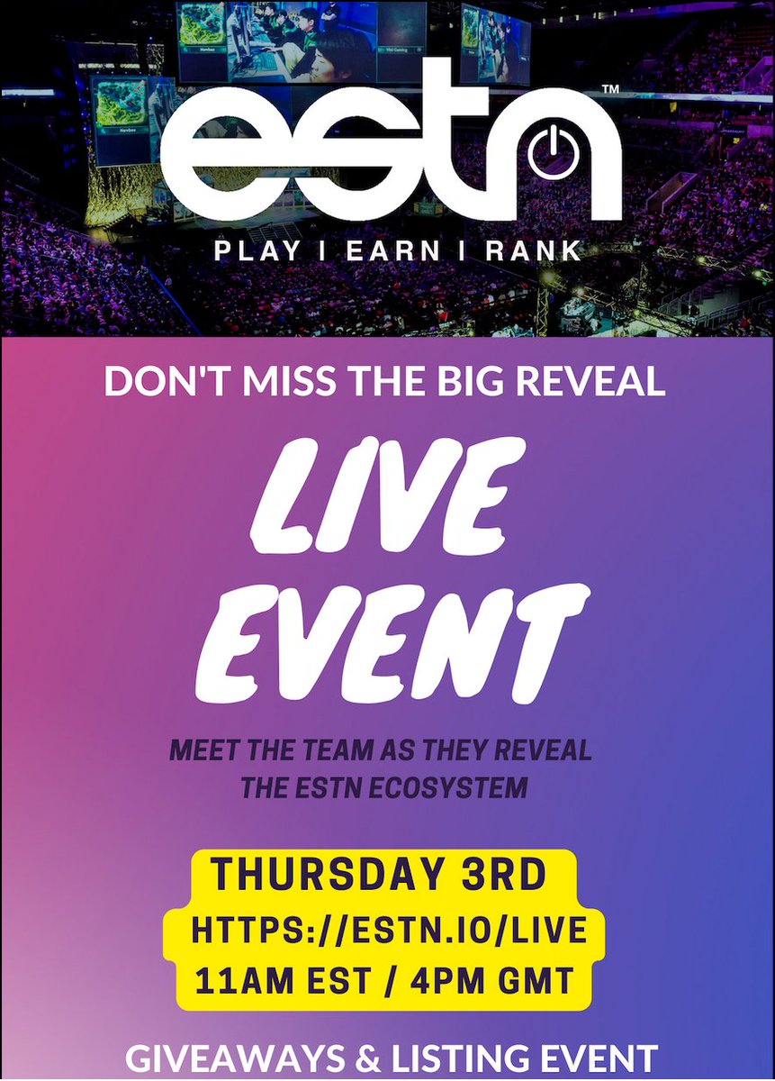 OfficialESTN's tweet image. 🔥THE EVENT YOU ALL BE WAITING🔥
ESTN presents "The future of gaming, Crypto and NFT’s".

Meet the team and learn about $ESTN first hand as we reveal the ESTN ecosystem.  

LIVE AMA this Thursday at 11AM EST estn.io/live
 #Livestream #NFTCommunity #eSports #GamingNews