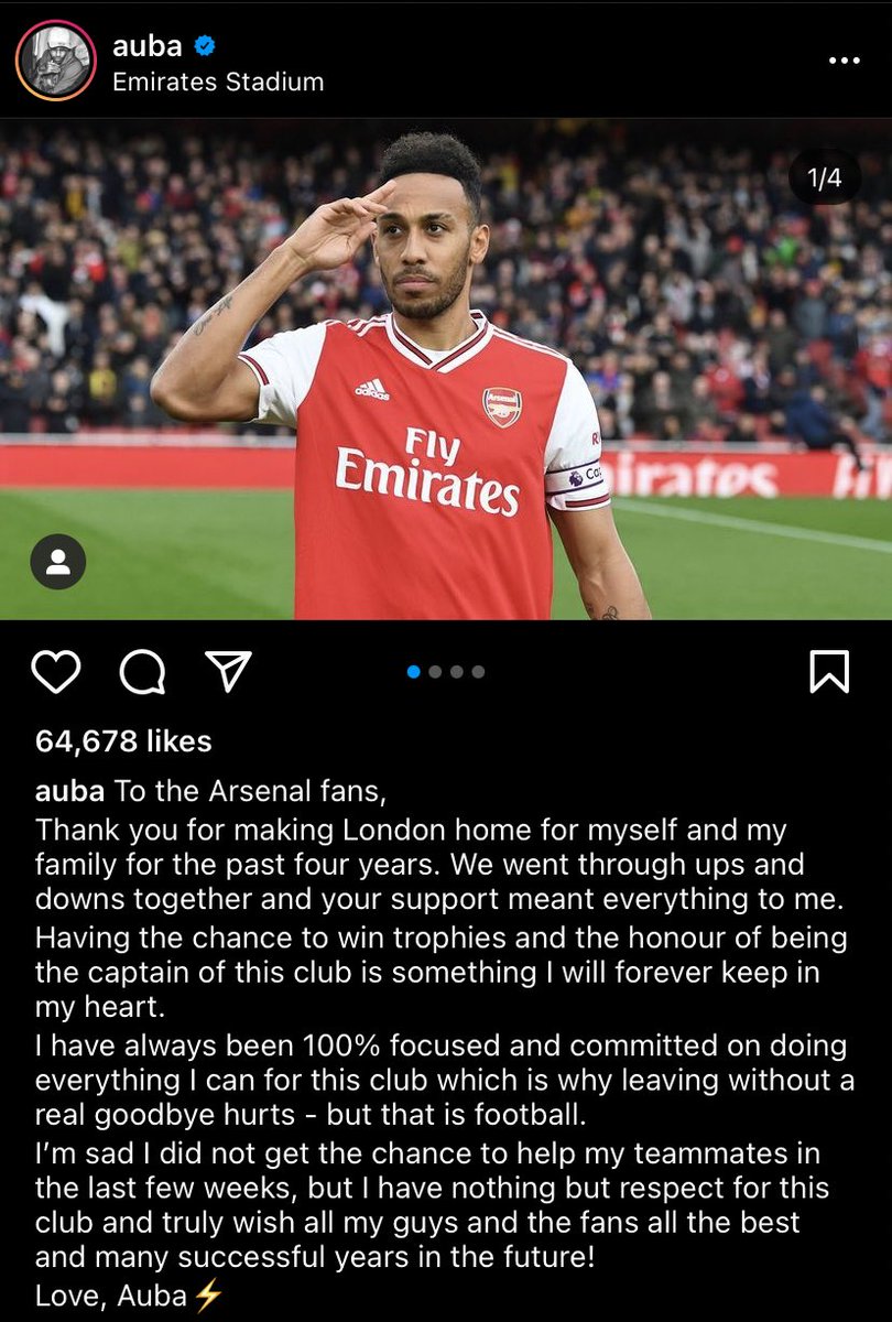 Aubameyang’s goodbye message to the Arsenal fans.