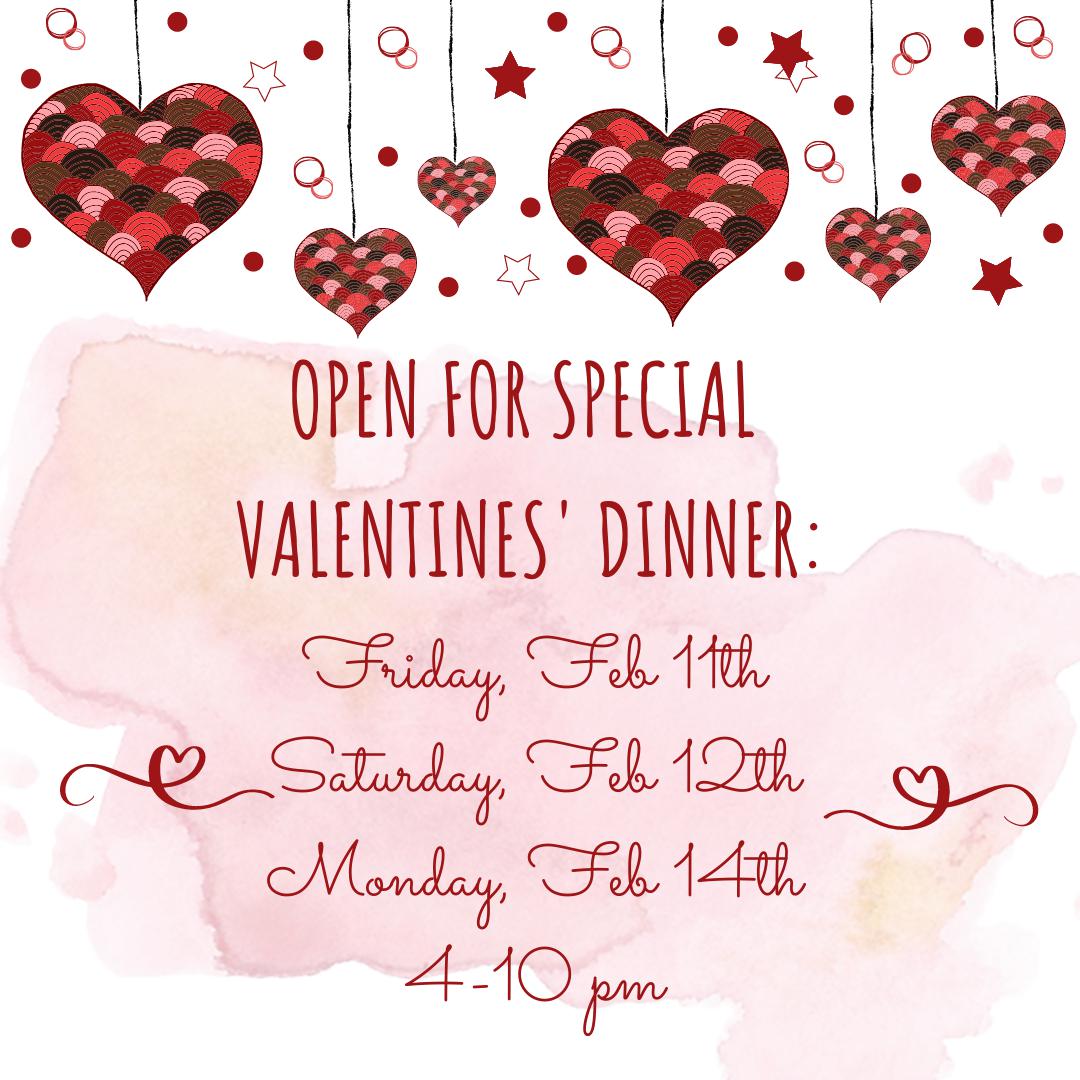 Special Valentine's Menu for Two available Friday, February 11th, Saturday, February 12th and Monday, February 14th. 4-10 pm $140 for Two. See our website for menu! thewarehouserestaurant.com and call for reservations 719-475-8880