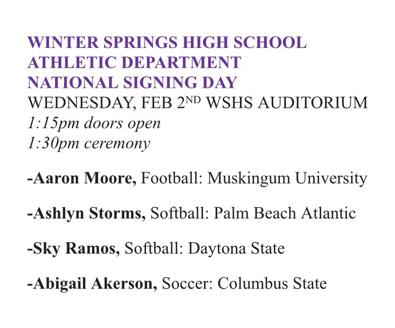 WSBearAthletics's tweet photo. ✍️ National Signing Day ✍️ 
Congrats to our student-athletes signing tomorrow 
(Wed 2/2)!

@abigail_akerson 
@wswomenssoccer 

@aaronmoorefb 
@WSBearsfootball 

Ashlyn Storms 
Sky Ramos 
@ws_softball https://t.co/us1mWPNoJM