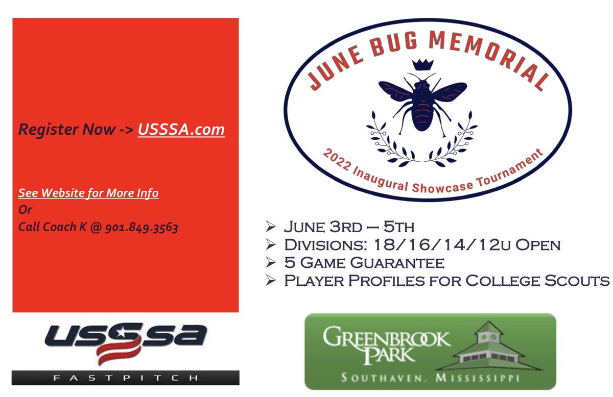 GreenbrookPark's tweet photo. The 2022 Inaugural June Bug Memorial Showcase Tournament (June 3-5) @GreenbrookPark is now open for Registration: https://t.co/F4Ki7byc54 https://t.co/dVIBjNJGLa