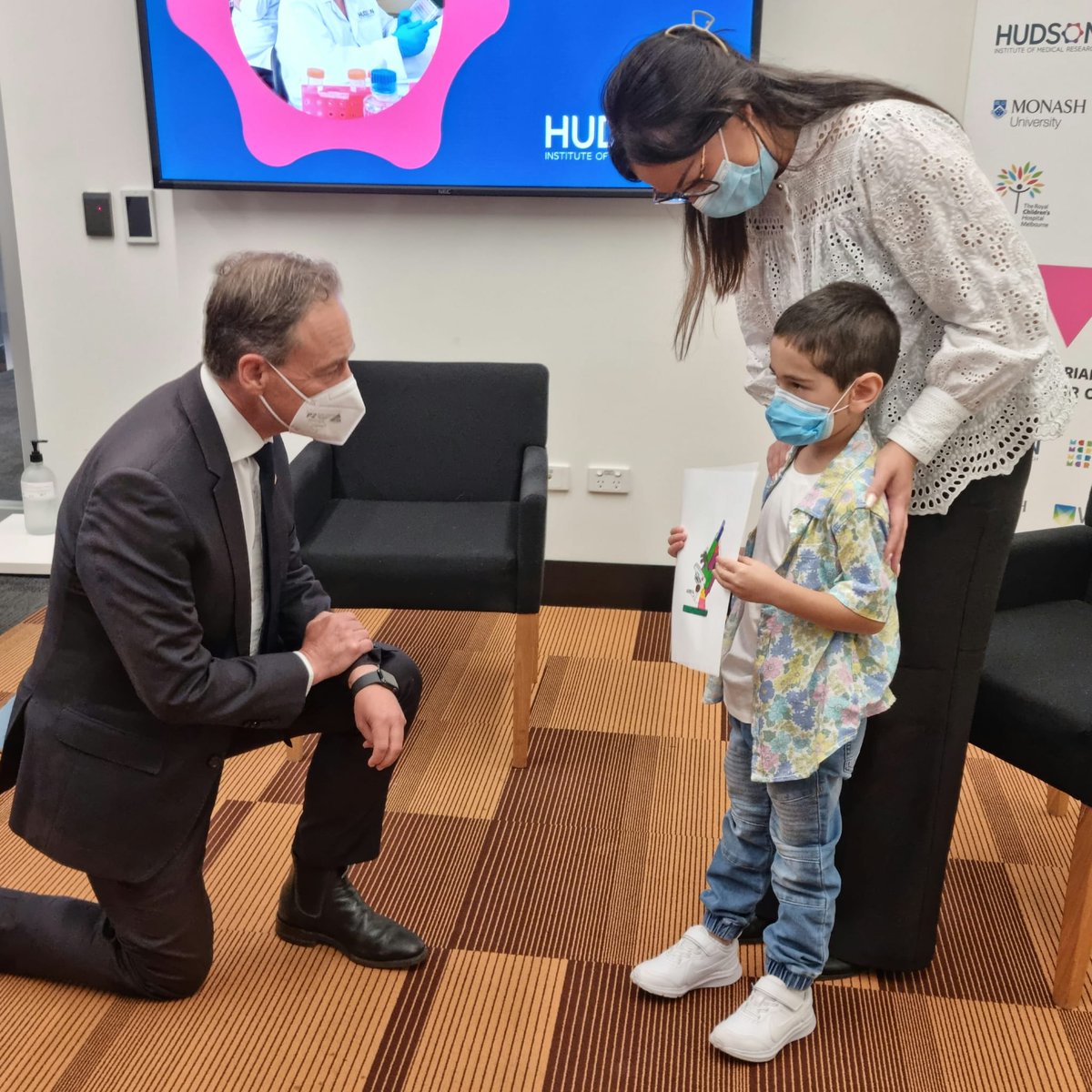 TheHonGregHunt's tweet photo. Incredible morning meeting Elias, his mother Nelly and the amazing research team at the Hudson institute Institute to announce $9.6 million from the Morrison Government for the Victorian Paediatric Cancer Consortium (VPCC) to help advance childhood cancer research and treatment. https://t.co/dvaroa46qy