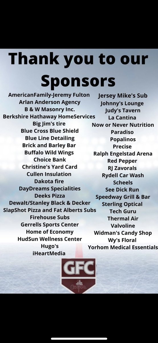 GFChockey's tweet photo. Don't forget about fan appreciation this Saturday! Check out the awesome prizes given away each period to Students and Fans!  Also make sure to thank these wonderful sponsors. We couldn't do it without them! https://t.co/d60nk01YnI