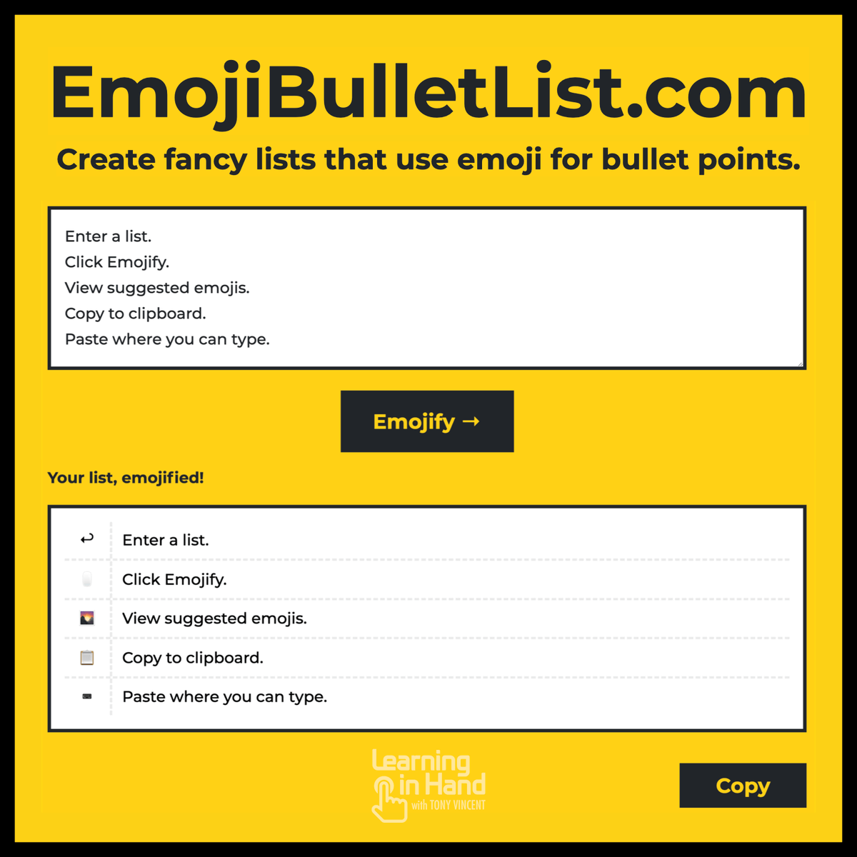 tonyvincent's tweet photo. 👉 Simply enter a list into https://t.co/woC1QVbjqI and it will do its best to pair a relevant emoji with each item. 

🖱 Click an emoji to see more suggestions. Sometimes the results are disappointing, but you can paste the list anywhere and add your own emojis. https://t.co/nbxENOUKWW