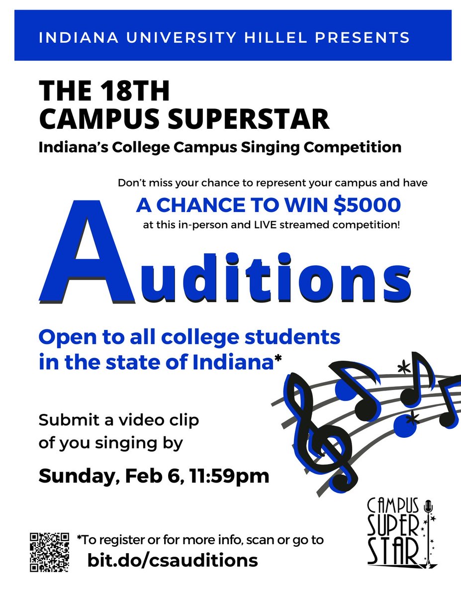 IndianaHillel's tweet photo. Campus Superstar 2022 VIRTUAL AUDITIONS. If you attend any college or university in Indiana
YOU HAVE THE CHANCE TO WIN $5000. Please share with other students! https://t.co/NkN91TyAap