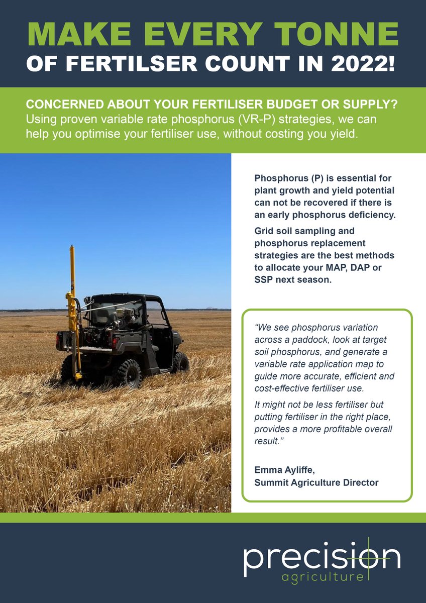 AgPrecision's tweet photo. PHOSPHORUS APPLICATION STRATEGY:  Are you ready?
Talk to us now about how our Grid Soil Sampling and Phosphorus replacement strategies that will be sure to help you optimise your fertiliser supply, without costing you yield! 

#precisionagriculture 
#weknowsoil
#Phosphorus 
#VRP https://t.co/g4GPajkpgL