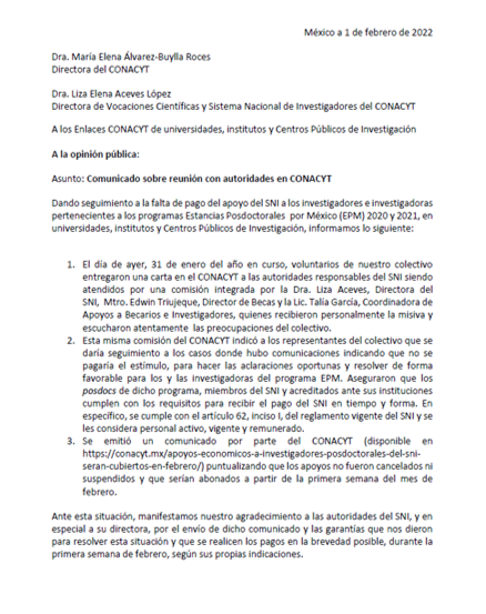 POSDOCsinSNI's tweet photo. Compartimos un comunicado sobre la reunión de ayer 31/01 con las autoridades de @Conacyt_MX y el SNI a quienes entregamos una carta solicitando se de respuesta a la suspensión de pago del estímulo SNI a investigadores posdoctorales #posdocsinSni 

(1/3) https://t.co/5VKII4qIx6