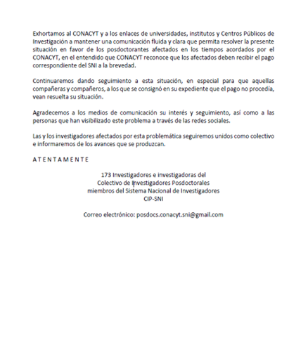 POSDOCsinSNI's tweet photo. Compartimos un comunicado sobre la reunión de ayer 31/01 con las autoridades de @Conacyt_MX y el SNI a quienes entregamos una carta solicitando se de respuesta a la suspensión de pago del estímulo SNI a investigadores posdoctorales #posdocsinSni 

(1/3) https://t.co/5VKII4qIx6
