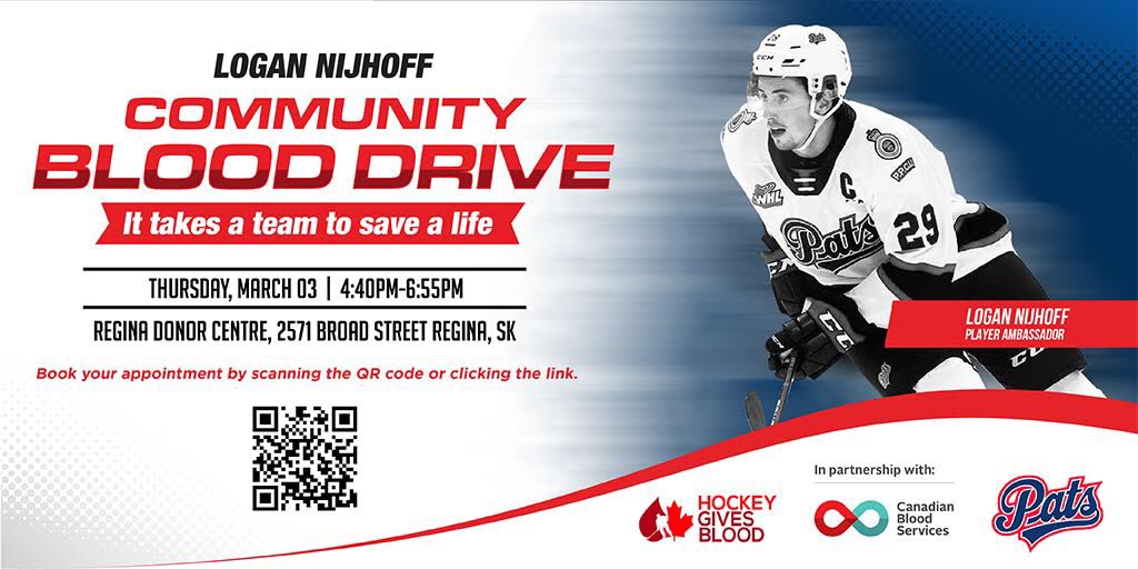 It’s back! Once again I am teaming up with <a href="/hkygivesblood/">Hockey Gives Blood</a> <a href="/WHLPats/">Regina Pats</a> and <a href="/extremehockey/">Extreme Hockey</a> by hosting a community blood drive in #Regina on Mar 3 with a goal of filling 29 appointment. 

Scan the QR code or click the link bit.ly/3AwfJhi to book your appointment today!