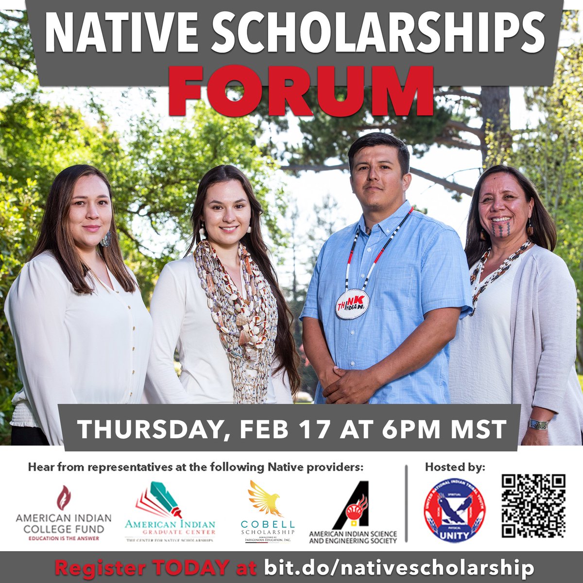AISES's tweet image. Native Scholarships Forum
Thursday, February 17th at 6PM MST

Hear from the 4 top Native American scholarship organizations at the Virtual Native Scholarship Forum hosted by UNITY Inc.

Register TODAY!
us06web.zoom.us/webinar/regist…