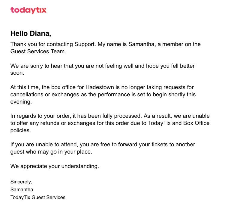 dianadoesnt's tweet photo. so, bc i couldn’t predict the future to know that i would be sick 48 hours before a show, i’m losing money. 

i’m being penalized for being responsible enough to not want to be among a theater full of people. 

fuck that. never using @TodayTix again and you shouldn’t either. https://t.co/94Zb87s32L