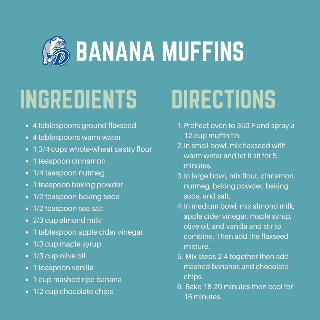 DrakeRec's tweet photo. Ingredients and directions for banana muffins! #tastytuesday #draketogether https://t.co/HiDCc05bEG