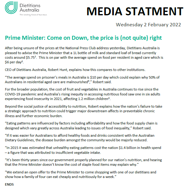 Dietitians Australia is pleased to advise the Prime Minister that a 1L bottle of milk and standard loaf of bread currently costs around $5.75. This is on par with the average spend on food per resident in aged care which is $6 per day. #auspol