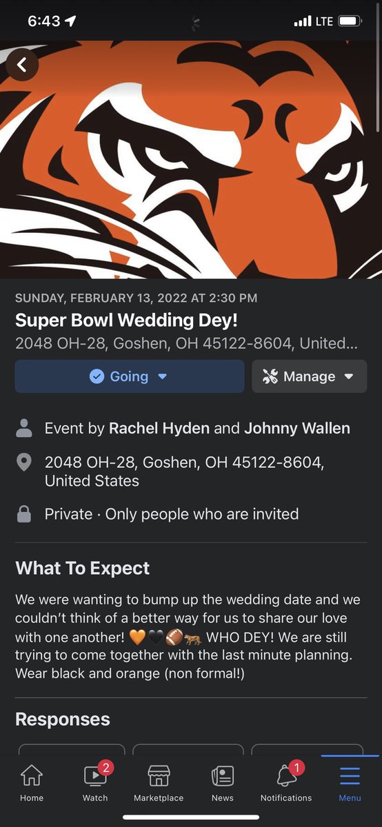 WallenJohnny's tweet photo. @JimIrsay We are willing to skip our wedding day to go watch our team bring home the first super bowl win in team history. Can’t think of a better way to celebrate the two loves of my life! Who Dey baby!!! 🐅 🏈 🏆 https://t.co/0KDcmDa8cH