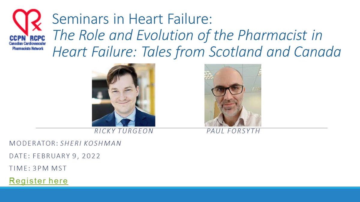 Canadian Cardiovascular Pharmacist Network (@ccpnrx) on Twitter photo Introducing Seminars in Heart Failure. A bimonthly discussion of heart failure topics.
First up: The Role and Evolution of the Pharmacist in HF.
Virtually join <a href="/Ricky_Turgeon/">Ricky Turgeon PharmD</a> <a href="/PharmacistHF/">Paul Forsyth</a> and <a href="/iheart_Rx/">Dr. Sheri Koshman, PharmD</a> on February 9, 2022 at 3pm MST.
Register: us02web.zoom.us/meeting/regist… Introducing Seminars in Heart Failure. A bimonthly discussion of heart failure topics.
First up: The Role and Evolution of the Pharmacist in HF.
Virtually join <a href="/Ricky_Turgeon/">Ricky Turgeon PharmD</a> <a href="/PharmacistHF/">Paul Forsyth</a> and <a href="/iheart_Rx/">Dr. Sheri Koshman, PharmD</a> on February 9, 2022 at 3pm MST.
Register: us02web.zoom.us/meeting/regist…
