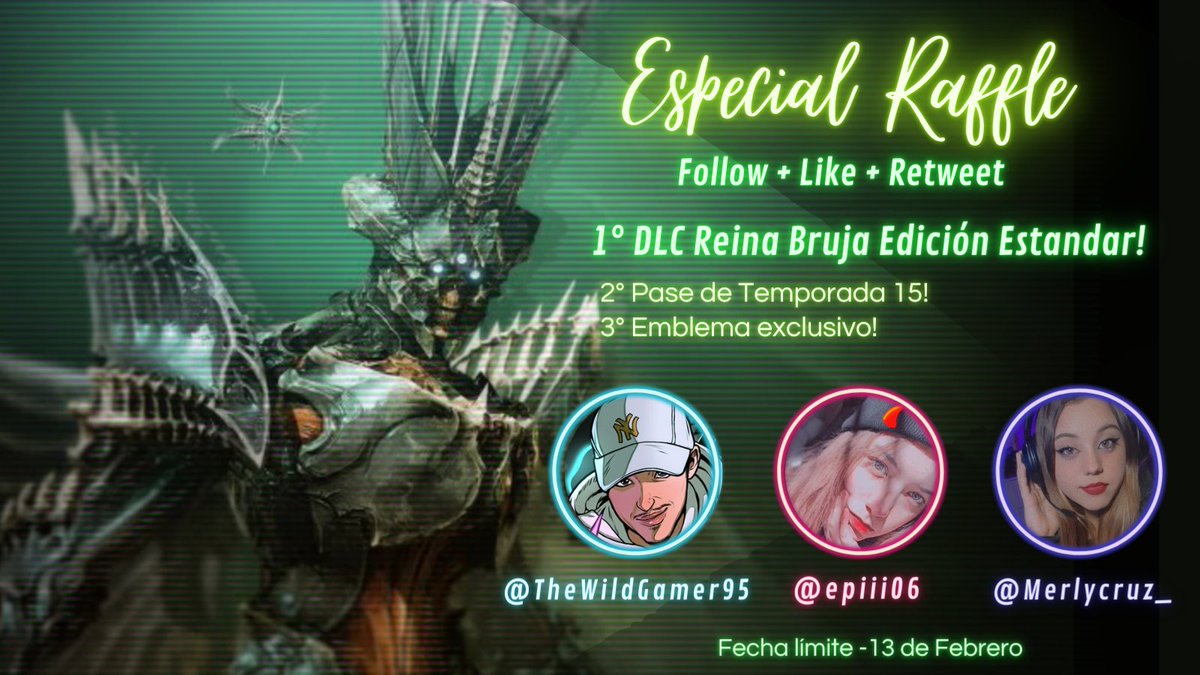 sat1raaa's tweet image. 🎊¡NUEVO MEGA SORTEO!🎊

🎁HABRÁ 3 GANADORES:
🥇DLC: LA REINA BRUJA💫 
🥈TEMPORADA 15💫
🥉Emblema Exclusivo: &quot;Canciones de los Renegados&quot;

✅Requisitos:
1️⃣Sigue a 
@epiii06, a @Merlycruz_ y a @TheWildGamer95
  
2️⃣RT🔁 y Like💖

Finaliza el 13 de Febrero⏰