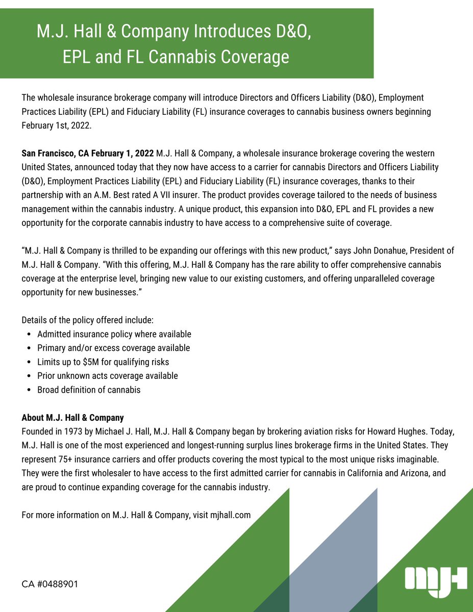 MJHallandCo's tweet photo. M.J. Hall & Company is excited to introduce D&O, EPL and FL Cannabis coverage. See our press release for more information.
#mjhall #cannabis #cannabisinsurance #cannabiscoverage #wholesaleinsurance #wholesalecoverage #cannabisbusiness #cannabisindustry https://t.co/ZKKZRDIkvG