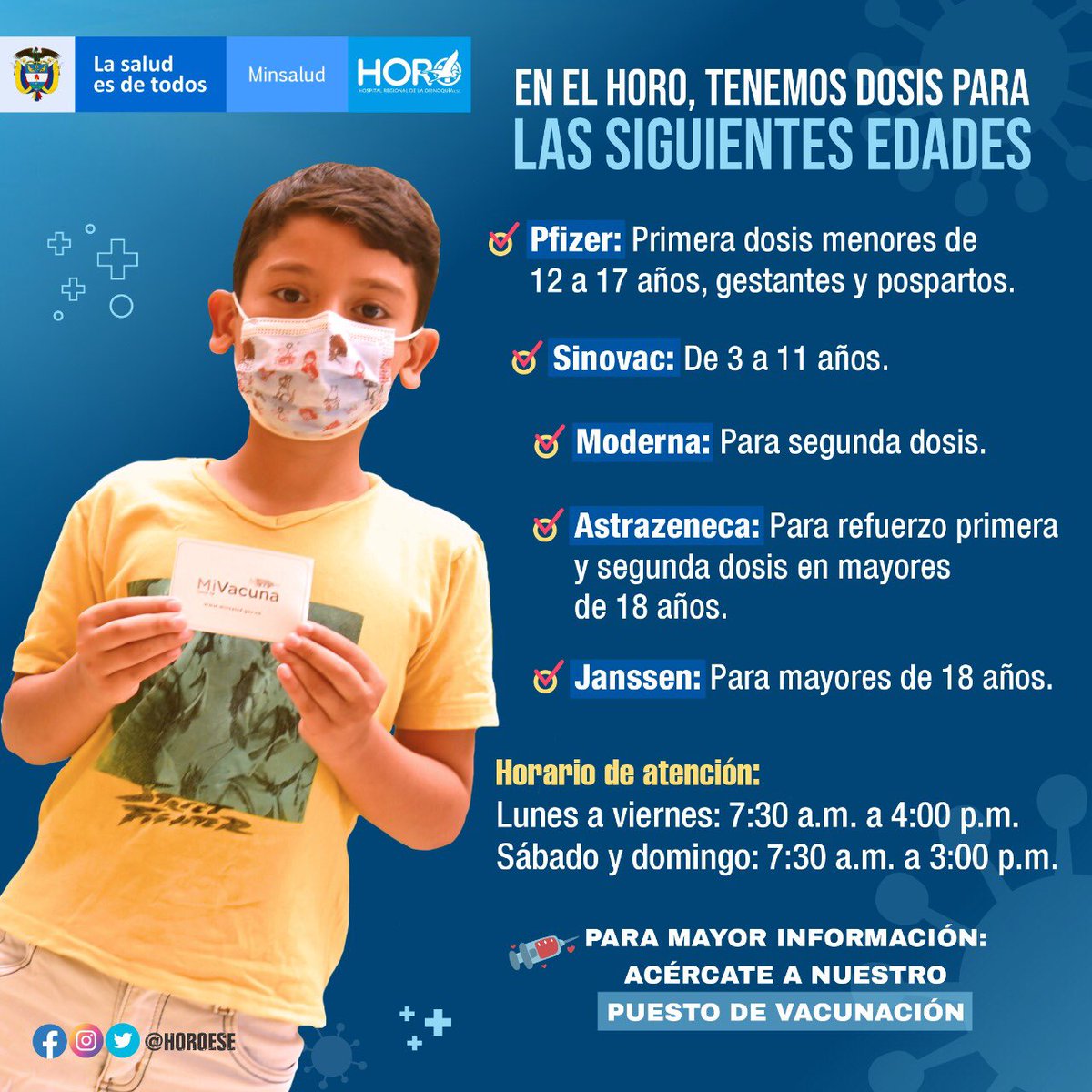 #VacunaciónParaTodos 💉 Tenemos primeras y segundas dosis de Pfizer para  niños entre los 12 y 18 años. También, para gestantes y refuerzos para personas mayores de 50 años. 

Recuerda que, al cumplir con el esquema de vacunación; podrás estar libre del virus. 
#SomosHoro #Viral