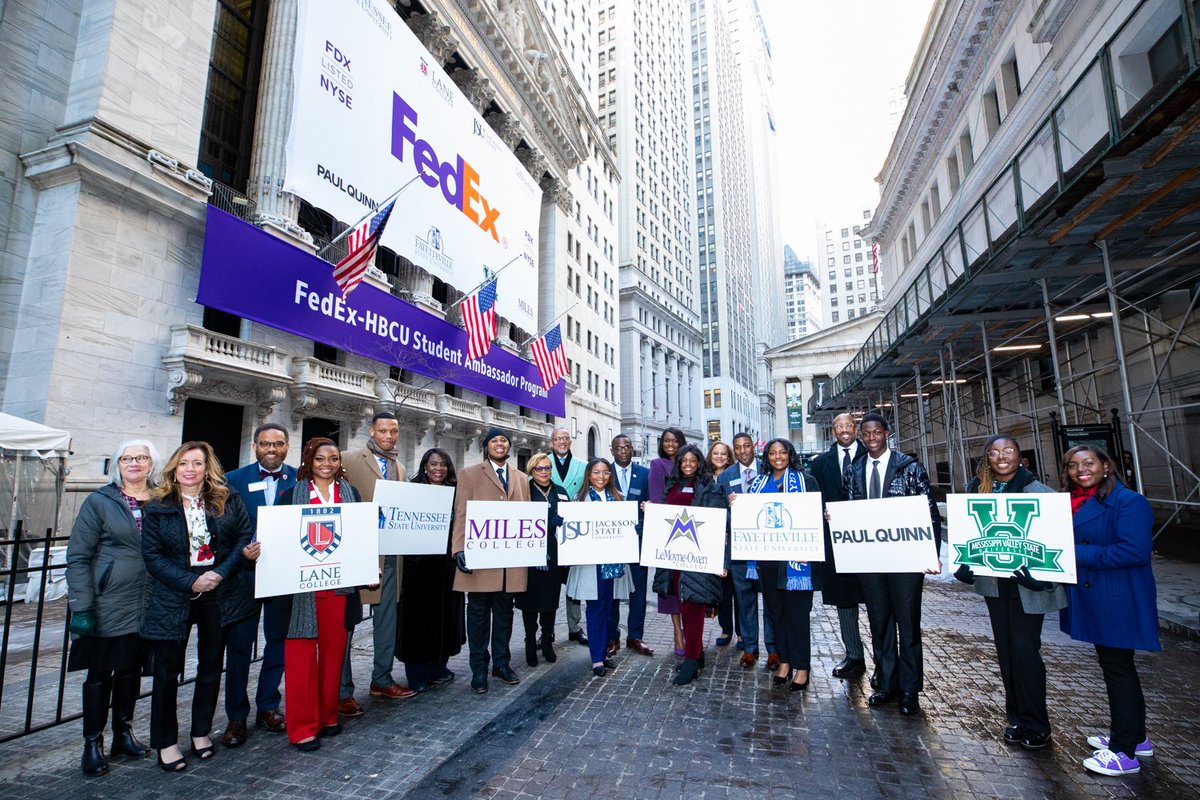 NYSE's tweet photo. The NYSE welcomed @FedEx, @PaulQuinn1872, @JacksonStateU, @thelanecollege, @MVSUDEVILS, @LOC_Magicians, @uncfsu, @MilesCollege, and @TSUedu today to celebrate the FedEx-HBCU Student Ambassador Program. https://t.co/FsPs9ZYBAr