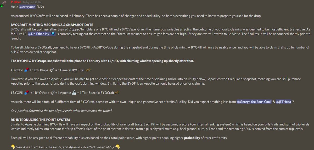 _kEBZ's tweet image. BYOCRAFTS MINTING MECHANICS 🚀
SNAPSHOT DATE 📸

1 BYOPill + 1 BYOVape = 1 General Craft
1 BYOPill + 1 BYOVape + 1 Apostle = Tiered Craft based on the Apostle's Tier.

BYOCRAFTS STATS &amp;amp; LEVELING UP SYSTEM 📈
IN HOUSE RENTING PROGRAM--&amp;gt; SCHOLARS

@BYOPills 💊💊💊💊💊💊💊💊💊