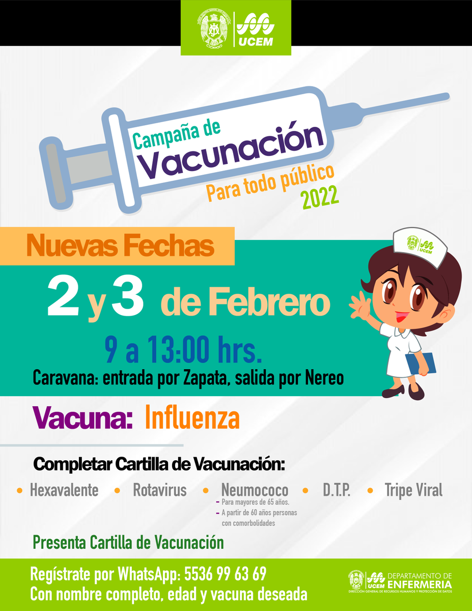 ucemcomunica's tweet photo. Nuevas fechas para aplicación de vacuna de influenza y esquemas complementarios. Abierta a todo público. Modalidad en caravana ingresando por Nicolás Zapata. Ven con tu cartilla de vacunación. Tu salud es nuestra prioridad. #UCEM #SLP #ColegioOthón https://t.co/5jTX00tPOk