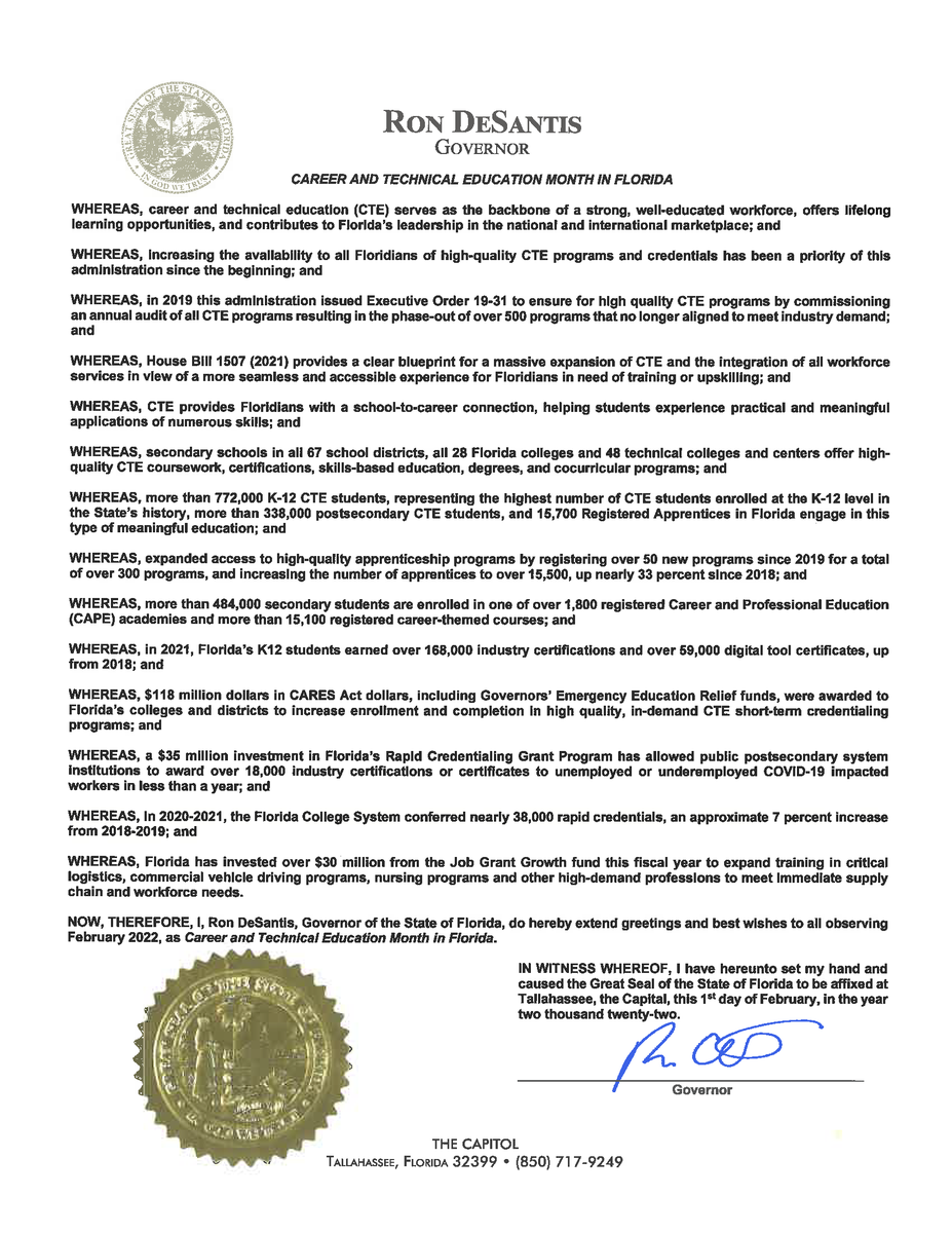 Today, <a href="/GovRonDeSantis/">Ron DeSantis</a> issued a proclamation observing the month of February as #CTEMonth. Read more here:
