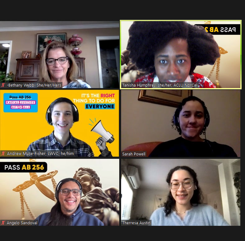 LWVC's tweet photo. We had a great conversation with @GeneralRoth's team about the Racial Justice Act for All #AB256. We’re encouraged to be closer than ever to providing relief to #ConfrontRacism in our courts - no matter when it happened. https://t.co/HgUepT5907