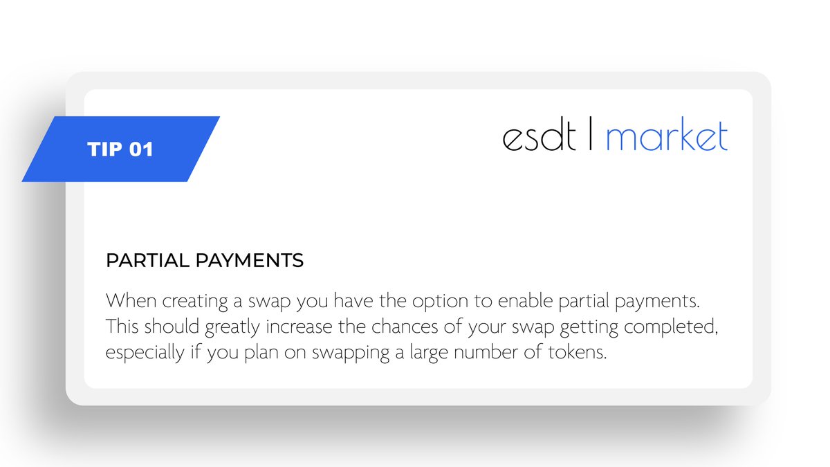 AlexandruBerce's tweet photo. 3/
Here are a few tips (and features) you might find useful when using the new market:
Want to swap a large number of tokens but you don't know if someone wants that much? Partial payments to the rescue π
#partialpayments #Elrond #ESDT https://t.co/KqQUnj05z2